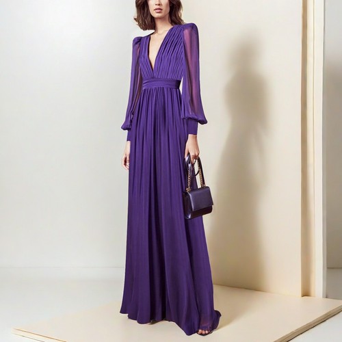 Women's Purple Dress Waist Cinched Dress Long Sleeved Elegant Dress Formal Dress