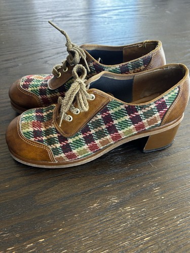 mary jane shoes Real Vintage Plaid Fabric 1970's Size 7 Retro Oxford Bohemian - Picture 2 of 10
