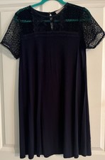 LOFT NAVY SWING DRESS. CROCHET TOP/SLEEVES. SIZE S