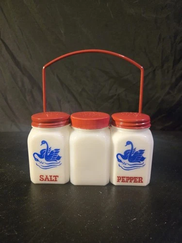Vintage McKee Blue Swans Salt & Pepper White Milk Glass Shakers w/ caddy/spare