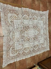 Antique ? Cotton Filet Needle Lace Table Cloth , Net Embroidery Ivory 58 X 67 “.