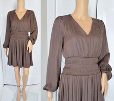 VTG 90s Mini Nine West Taupe Brown Smocked Puff Sleeve Peasant Boho Hippie Dress
