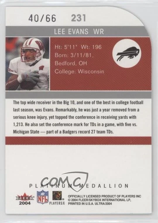 2004 Fleer Ultra Platinum Medallion /66 Lee Evans #231 Rookie RC - Image 2 of 2