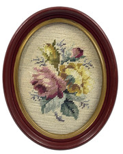 VINTAGE Oval Shaped Flower Needlepoint in Glass Wooden Hanging Frame Cottagecore