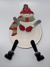 Hallmark Snowman Cheese Ball 6" Plate with 4 Spreaders: 2 Boots & 2 Mittens
