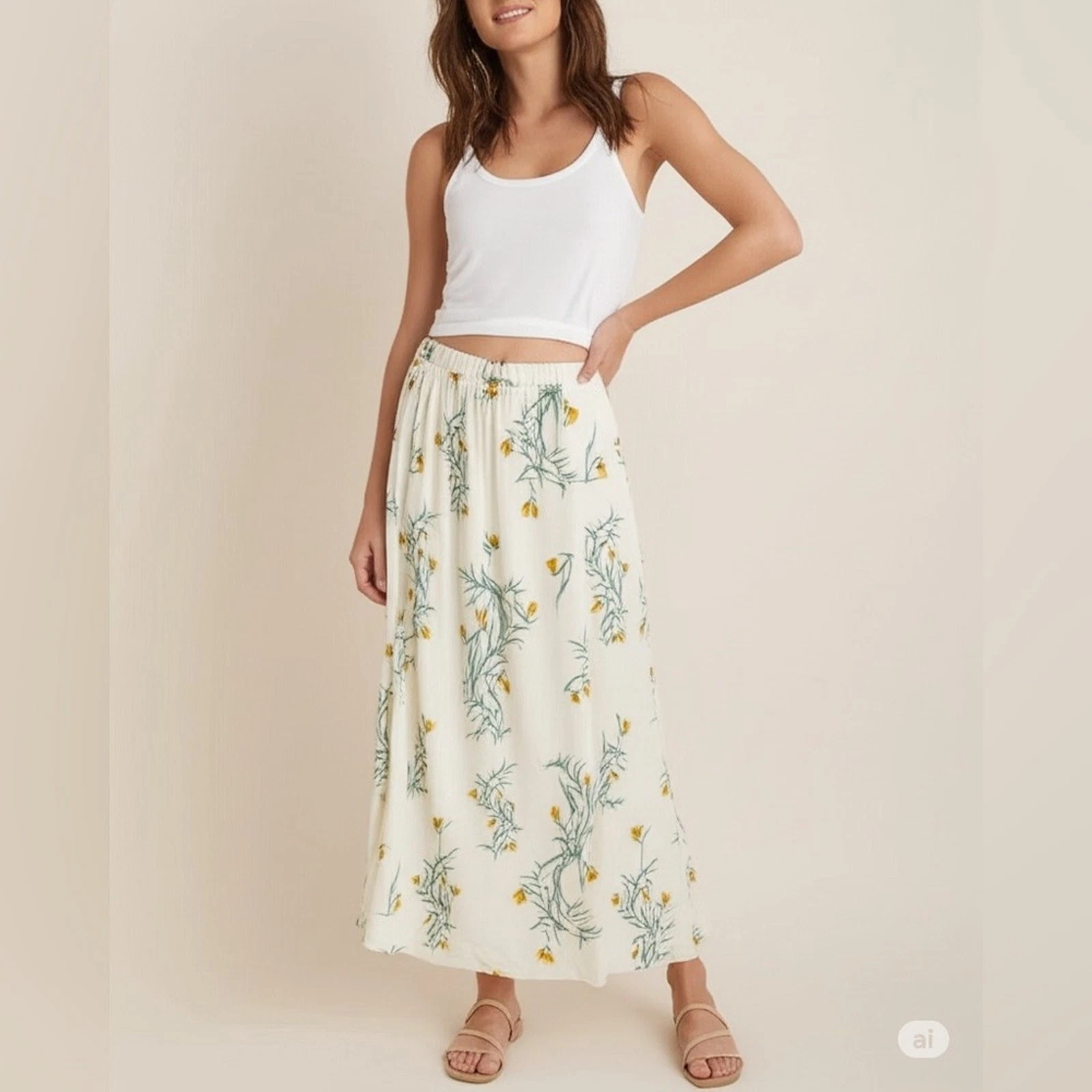 Joie Linen Floral Midi Skirt Small Cottagecore, Boho Coquette Pull-On Cream