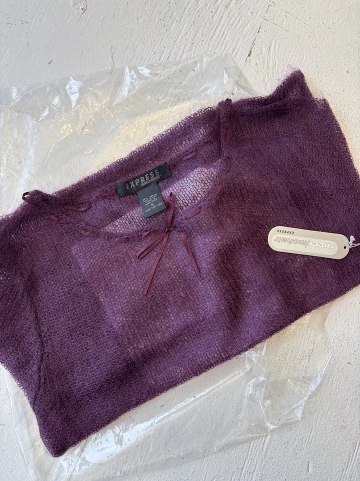 Y2K 全新带标签 Express 开放式针织透明马海毛秋装毛衣紫色 S — 第 4/4 张图片