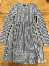 Long Sleeve Ribbed Knit Dress Blue A-Line Round Neckline Sweater Dress Small 