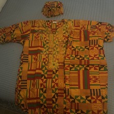 Men  s African Embroidered Top  Pant Set w/ Hat   2pc Outfit Size XL