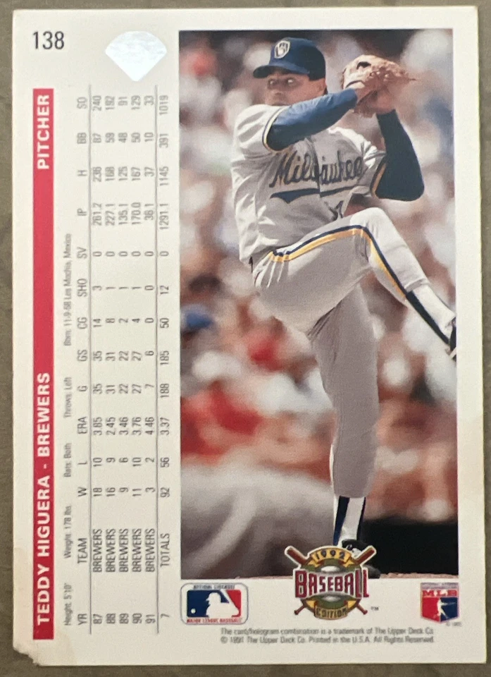 1992 Upper Deck #138 Teddy Higuera - Image 2 of 2