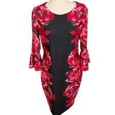 Calvin Klein Dress Womens 8 Red Black Floral Orchid Sheath Bodycon Statement
