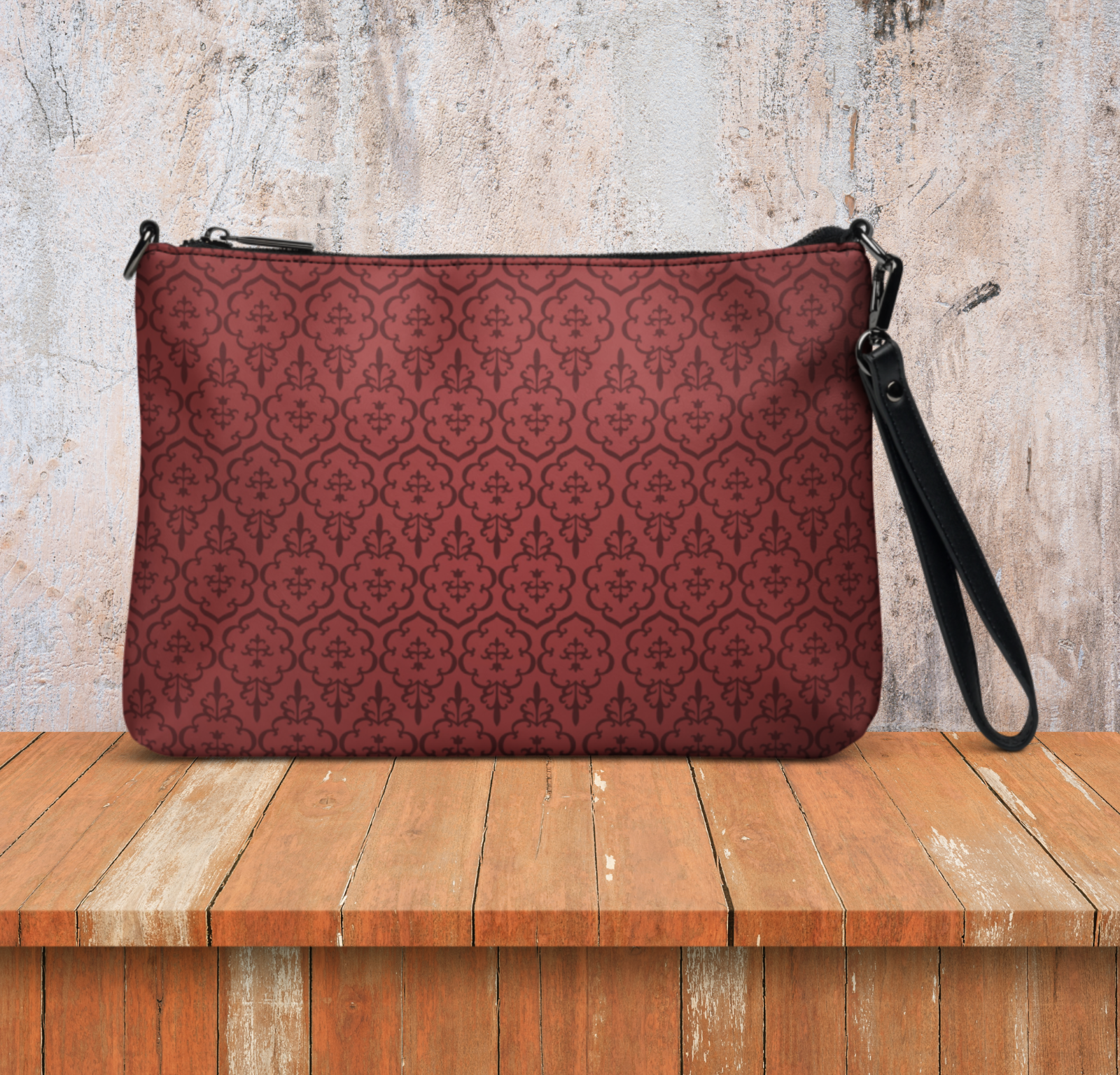 Black and Burgundy Damask Print Crossbody Bag-image