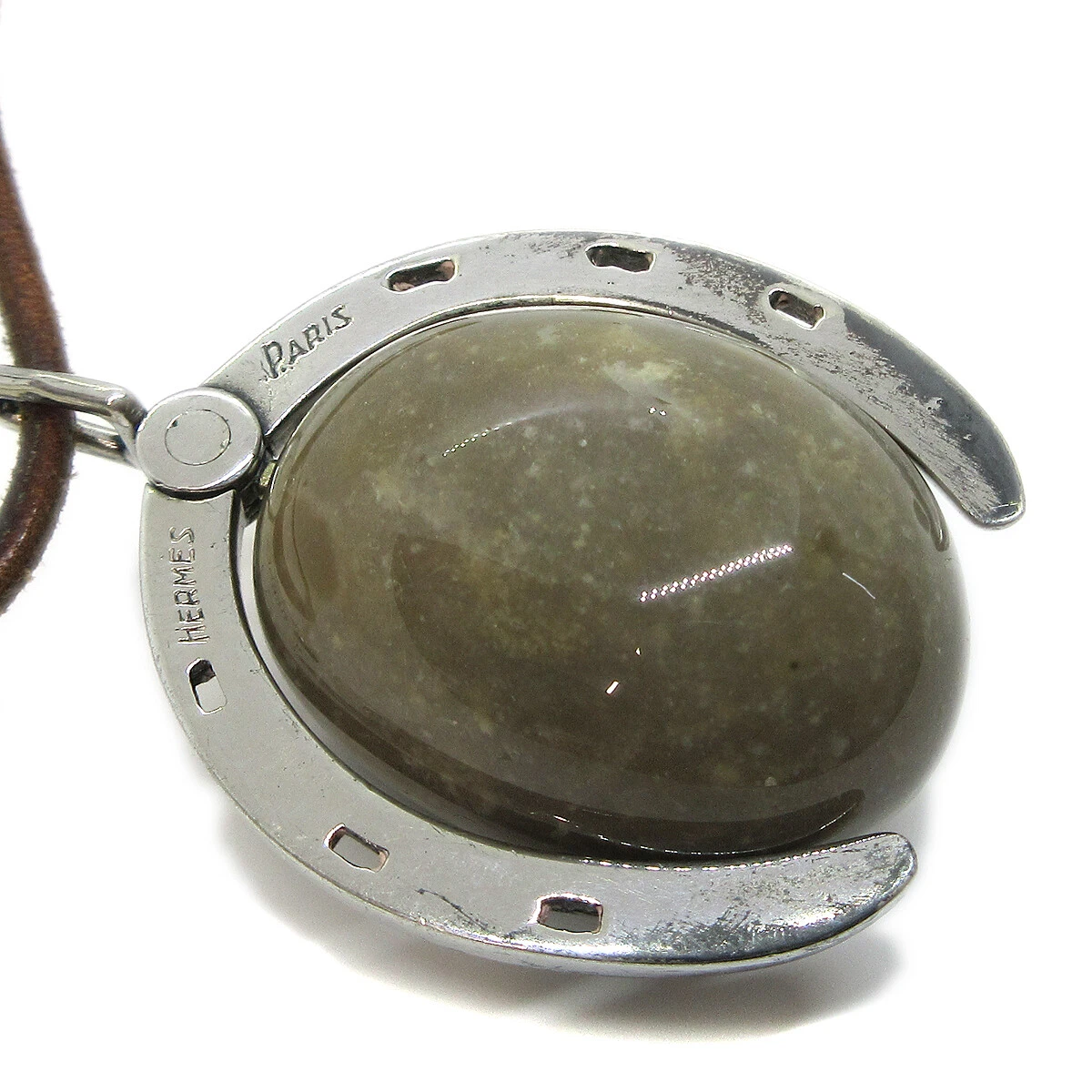 HERMES Stone Charm Pendant Necklace Silver Leather Accessories Authentic 06210