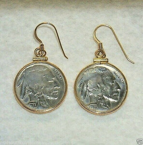 Coin Earrings Authentic Vintage Indian Head Nickels 14K Gold Filled Bezels Hooks - Picture 2 of 2