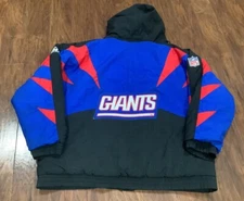 VINTAGE New York Giants Jacket Men Large Blue Shark Tooth APEX One Puffer Hooded