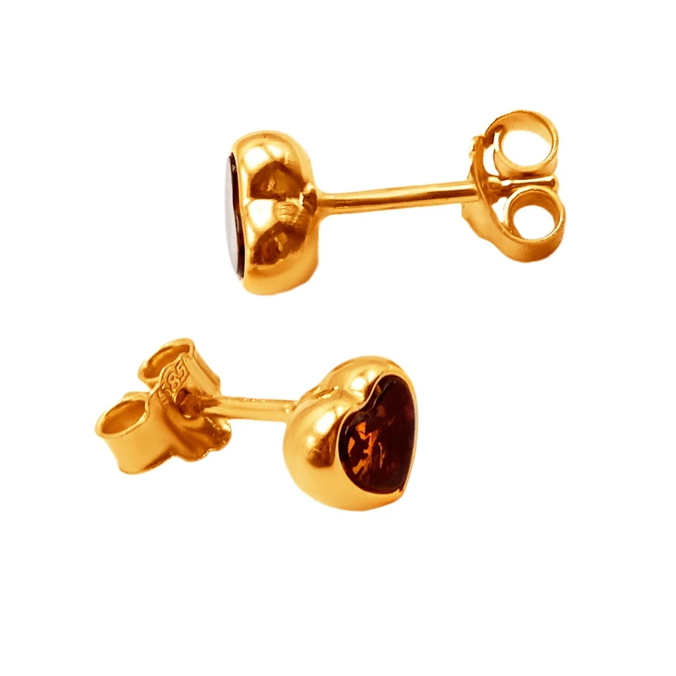 Bonitos aretes pequeños con corazón de ámbar báltico miel oro amarillo macizo puro de 14 k Foto 3 de 4
