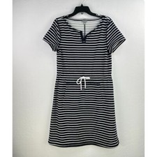 T By Talbots Sweat Shirt Dress Womens M Blue White Striped Tie Waist Shimmer