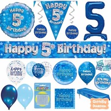 Blue 5th Happy Birthday Party Decorations Banner Bunting Balloons Candle Age 5