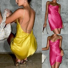 Womens Satin Backless Zipper Party Strappy Mini Dress Ladies Diamonds Chain Size