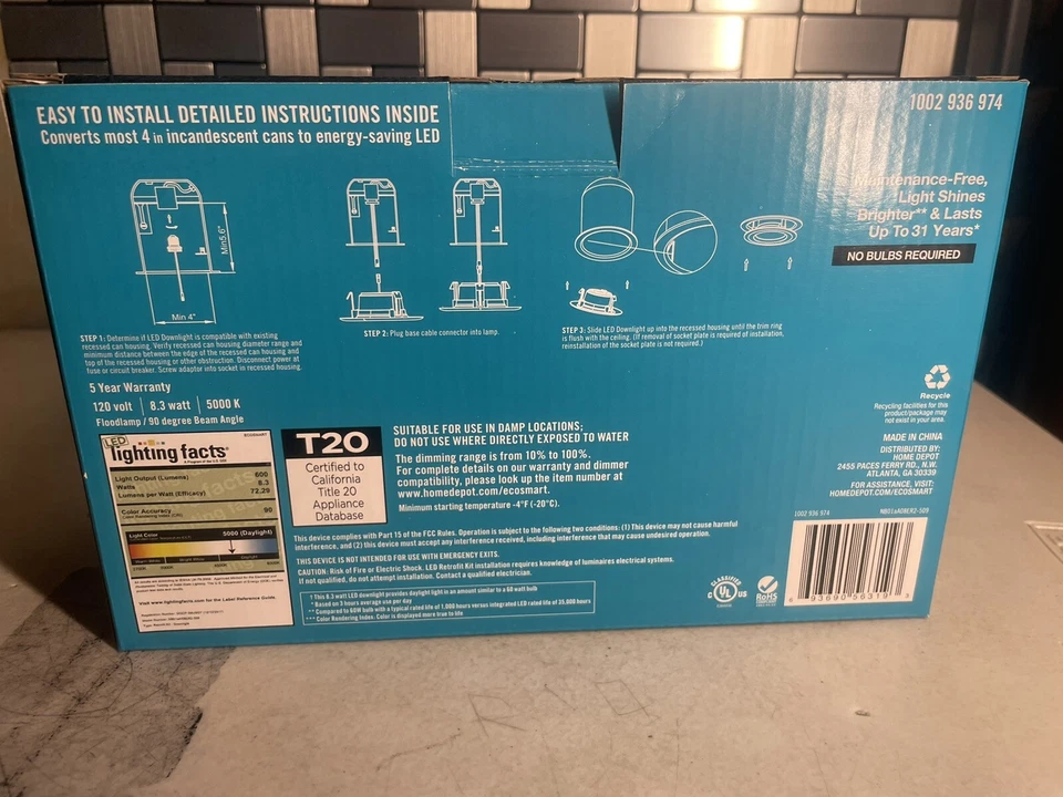 EcoSmart (60W replacement) 4" White LED Recessed Trim Daylight 4-pack - Image 3 of 3