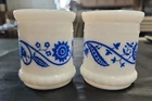 Vintage MCM Hazel Atlas Milk Glass Blue Floral Toothpick Holder