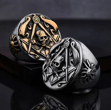 Men Masonic Skull Ring Square G & Pillars Freemason Master Sun Silver Huge 7-15