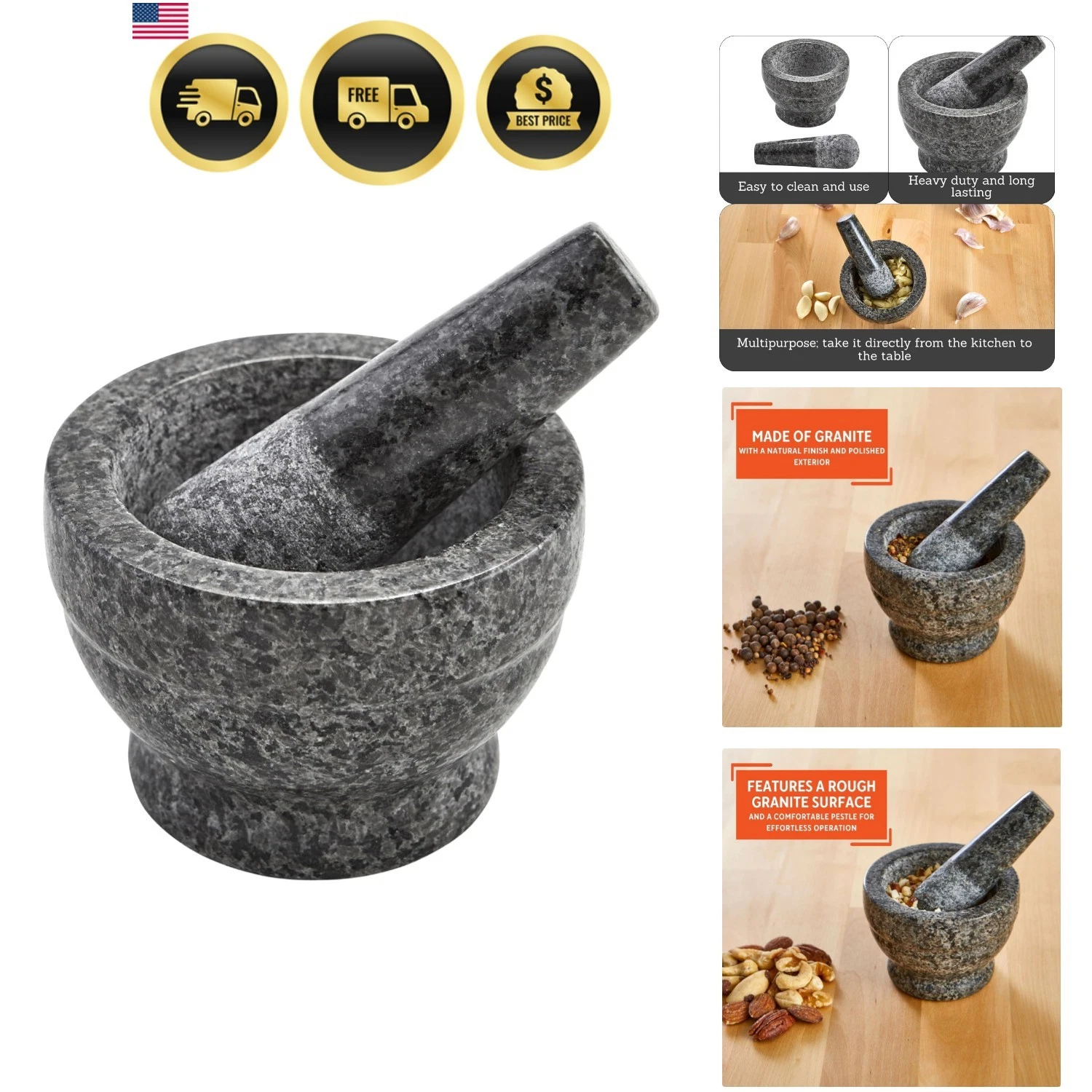 Small Polished Mortar and Pestle, 3.75”, Granite