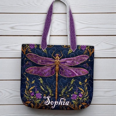 Personalized Purple Dragonfly Quilted Tote Bag Floral Boho Nature Lover Gift