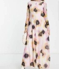 Topshop Maxi Dress UK 12-14 Pink Abstract Print Open Back Long Sleeve Mesh