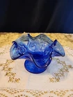 Vintage Fenton Art Glass Cobalt Blue Strawberry Compote / Candy Dish