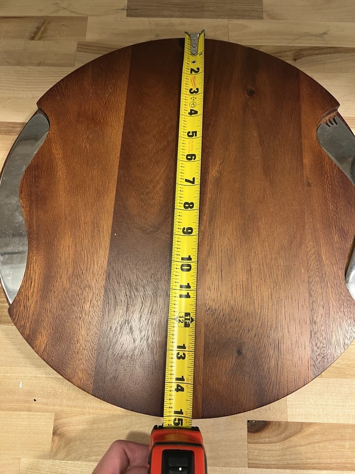 Cuchillo y esparcidor Nambe Cheese Block de acero inoxidable 15” redondo madera de acacia nuevo sin caja Foto 2 de 4