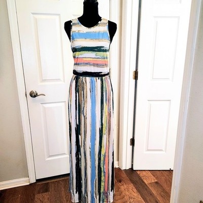 Eloges Blue Pink Boho Paint Brush Summer Maxi Sundress Y2K  Festival Flowy Large