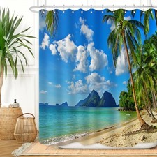Tropical Beach Shower Curtain Ocean Palm Trees Summer Seaside Island Blue Sky...