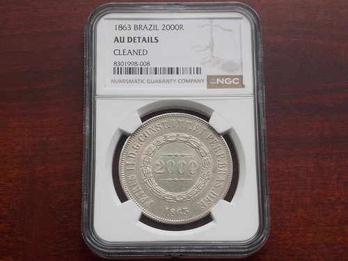 1863 Brazil 2000 Reis large silver coin  NGC AU Details