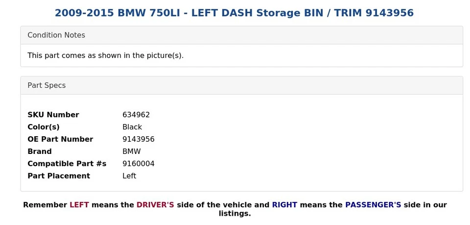 BMW 750LI 2009-2015 - cubo de almacenamiento con tablero izquierdo 9143956 Foto 4 de 4