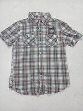 Guess 1981 Boys Shirt 16/18 XL Plaid Short Sleeve Button Down Teal Peach FLAW