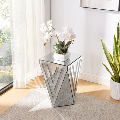Silver Mirrored Inverted Triangular Square Table Crystal Diamond Inlaid Glass