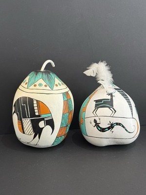 Pair of Rare Vintage Southwestern Native American Hand Painted Gourds w/Animals