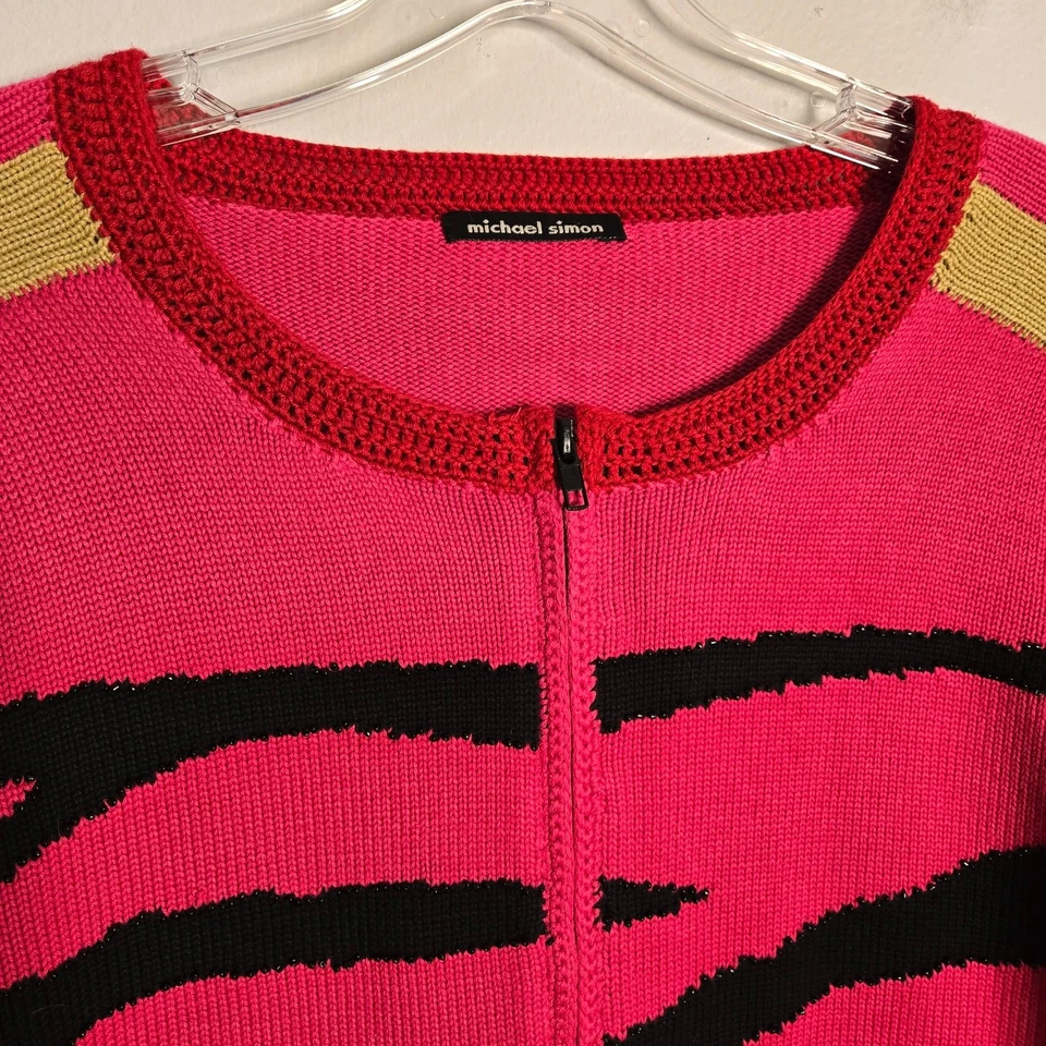 Chaqueta De Colección Michael Simon Animal Rayas Geométricas Bloque Tejido L Cuentas Artística Foto 3 de 4
