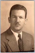 Vtg B&W Snapshot Handsome Man With Mustache in Patterned Suit & Tie 1968