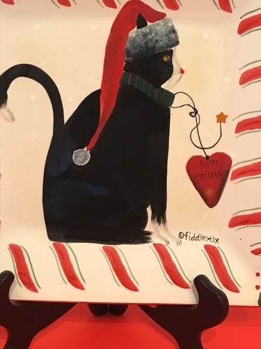 Oneida Square Christmas Black Cat With Santa Hat 10”x10” - Picture 2 of 7