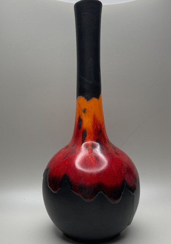 Vtg Midcentury Mod Royal Haeger Lava Drip Bulb Vase Black Orange Red Glaze MCM - Picture 5 of 9