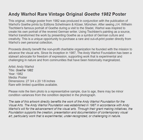 Andy Warhol Rare Original 1982 Print Goethe Large Scale Poster - Picture 6 of 6