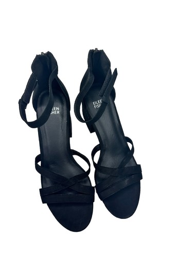 Eileen Fisher Jazzy Heel Sandals sz 9 NEW Black Leather Block Ankle Strap - Picture 2 of 11