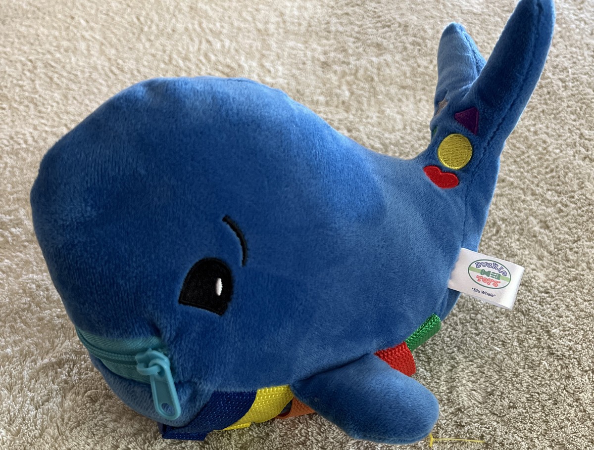 Buckle Toys BLU WHALE Blue Red Green Buckles Zipper Mouth Fleece Stuffed Toy