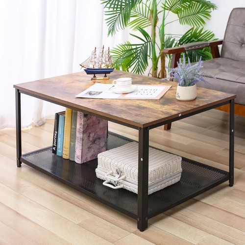 2-Tier Wooden Coffee Table Retro Industrial Style Side Desk Living Room Shelf - Picture 2 of 6