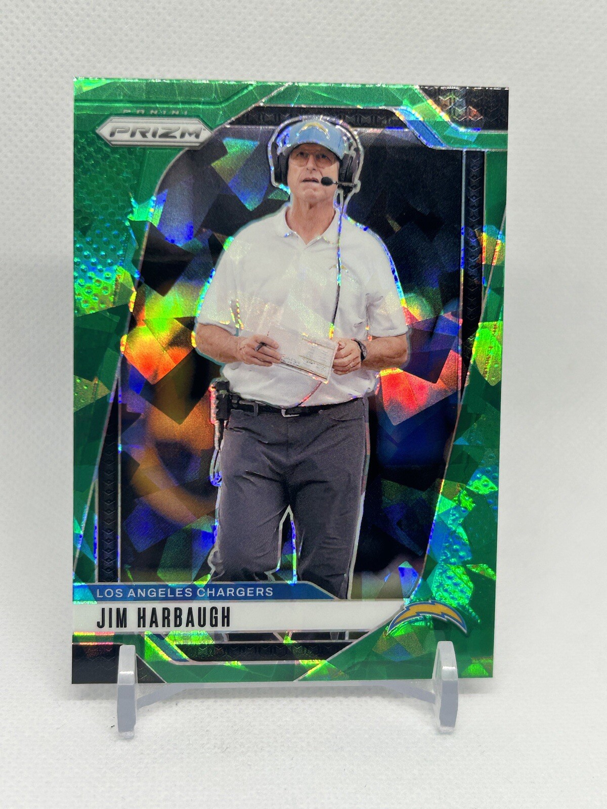 Jim Harbaugh 2024 Panini Prizm Green Cracked Ice Chargers