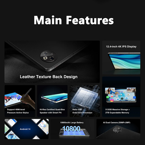 DOOGEE T30 Max 4G Tablet 12.4'' 4K IPS Display 10800mAh 20GB+512GB 50MP Camera - Picture 2 of 14