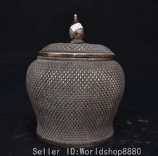 7.6" Ancient China Qianlong Marked Silver Bamboo Weave Pattern Lid Pot Jar Tank