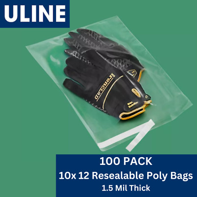 100 Clear 10 x 12 ULINE Resealable Poly Bags - Self-seal adhesive lip - 1.5 Mil